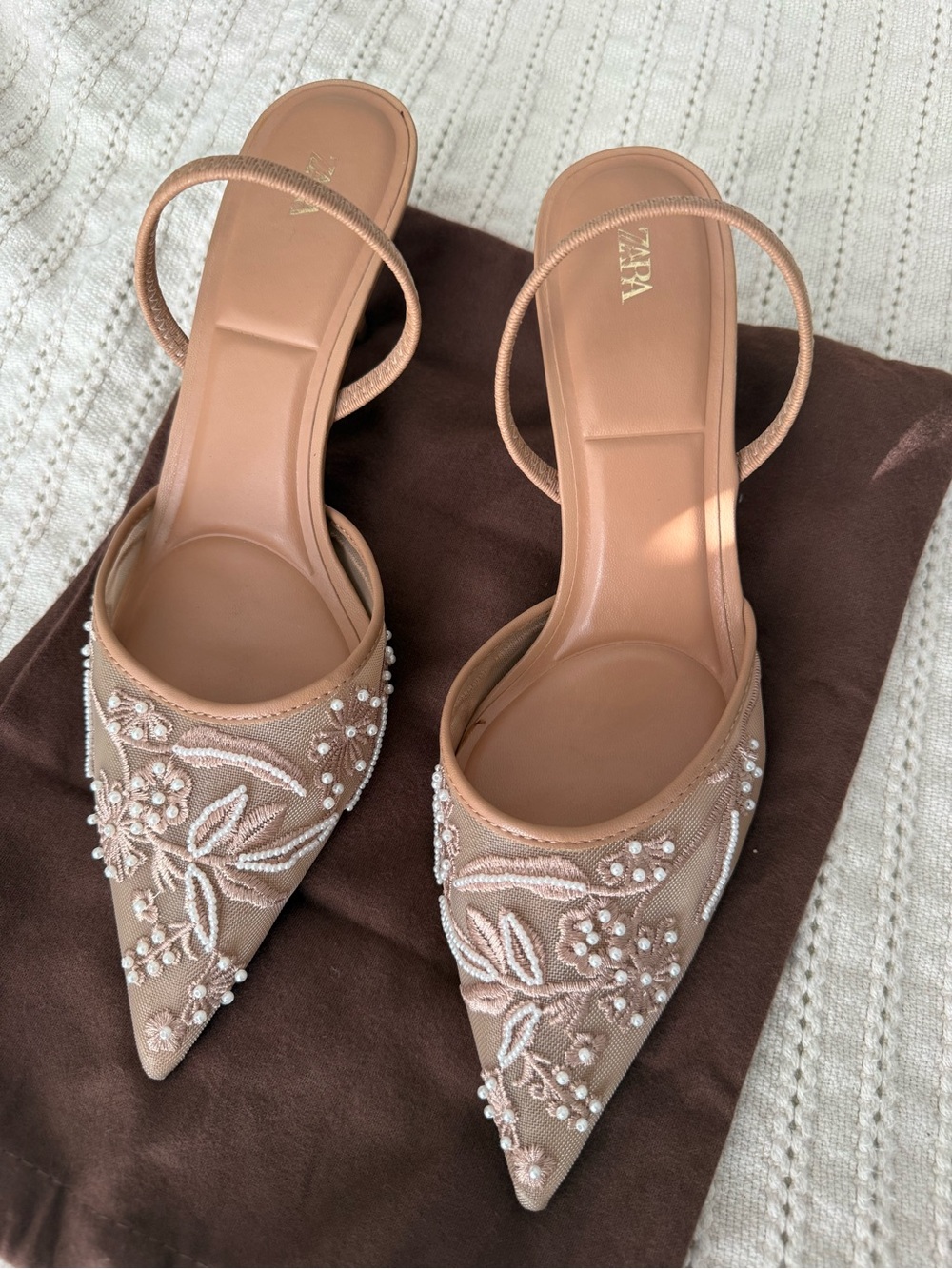 Zara Embroidered Mesh Pearl Slingback Heels